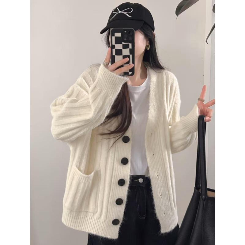 

Осень и зима широкий и тонкий высококлассный средней длины вязаный кардиган ленивый ветер мягкий восковой утолщенный свитер с V-образным вырезом куртка женская One size