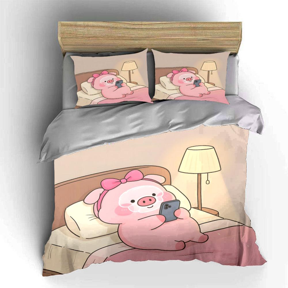 Cute pink pig is looking at its phone in bed Print Bedding Set 1 Duvet Cover 2 Pillowcases for Adult and Children Luxury Gift