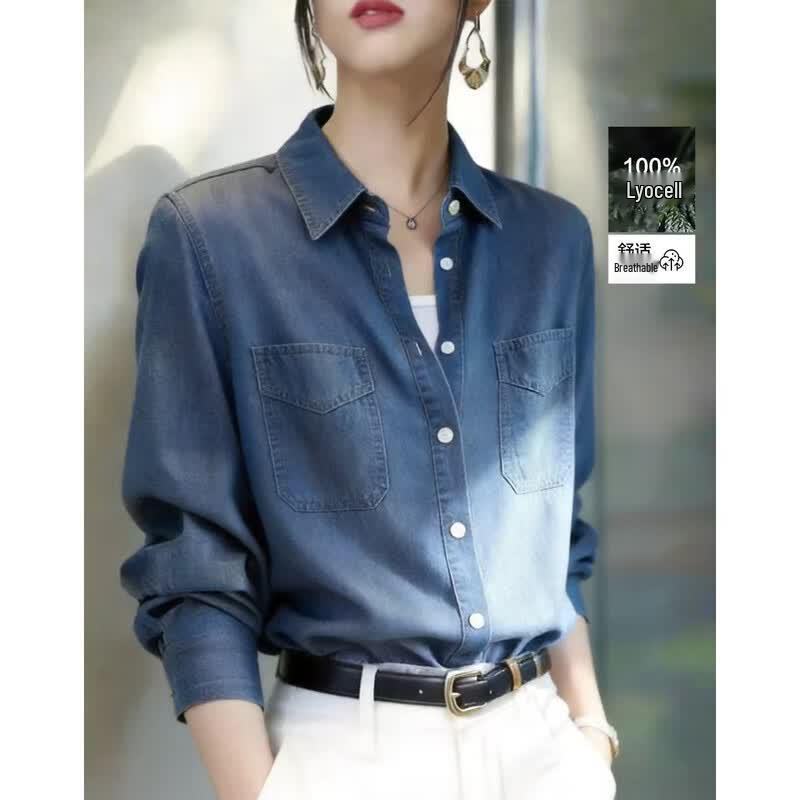 Demana Women s 100% Lyocell Long Sleeve Lapel Shirt L