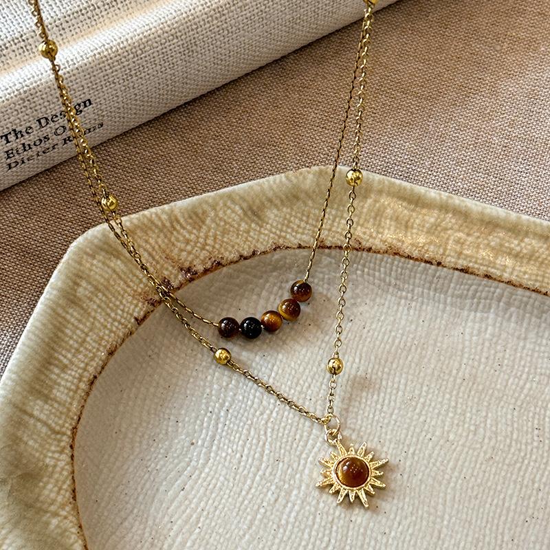 Sun Star Zircon Necklace For Women Vintage Leather Necklace Double Layered Pendant Chain Choker  Jewelry