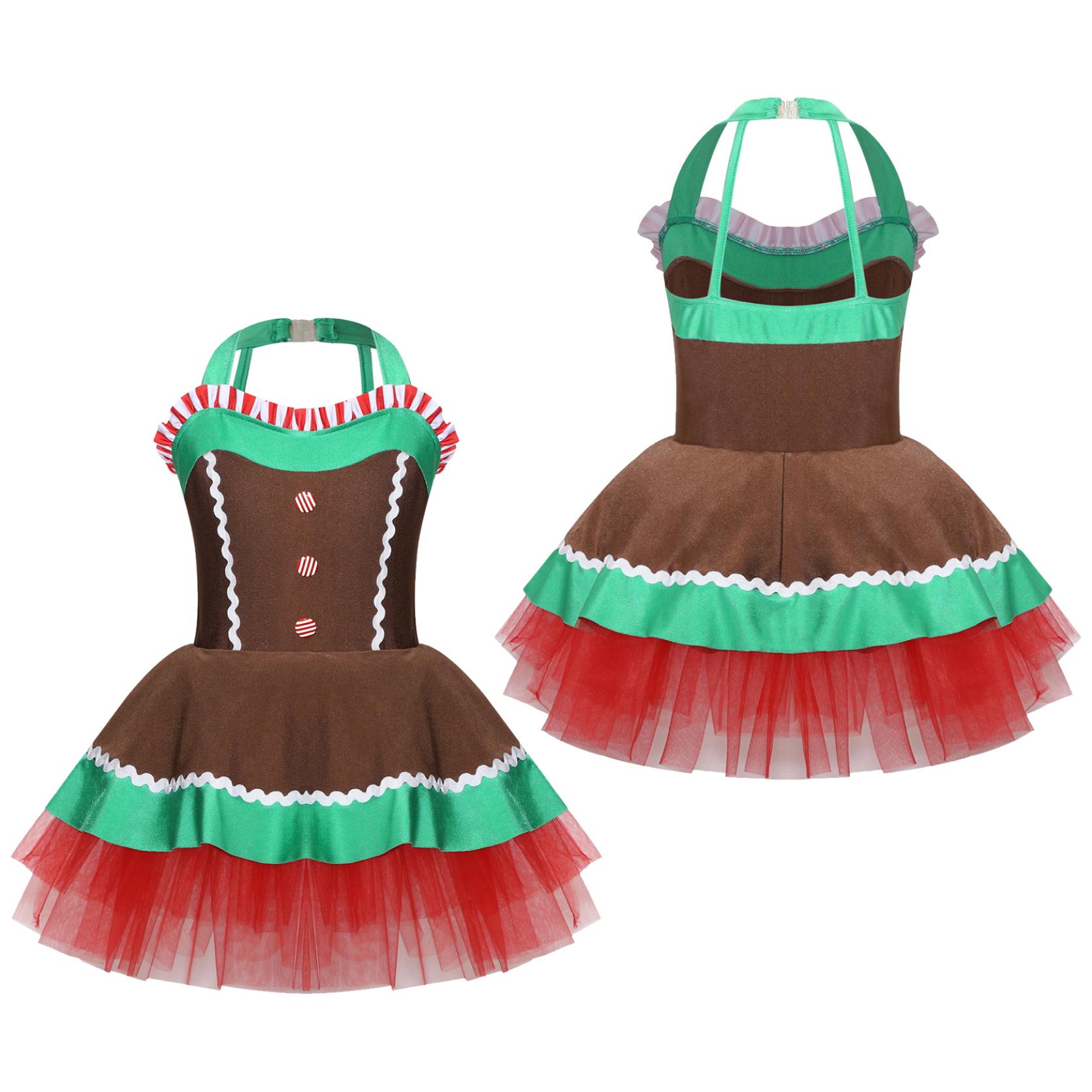 

Kids Christmas Gingerbread Costume Halloween Maid Cosplay Performance Dancewear Girls Tutu Dress New Year Festival Party Gown
