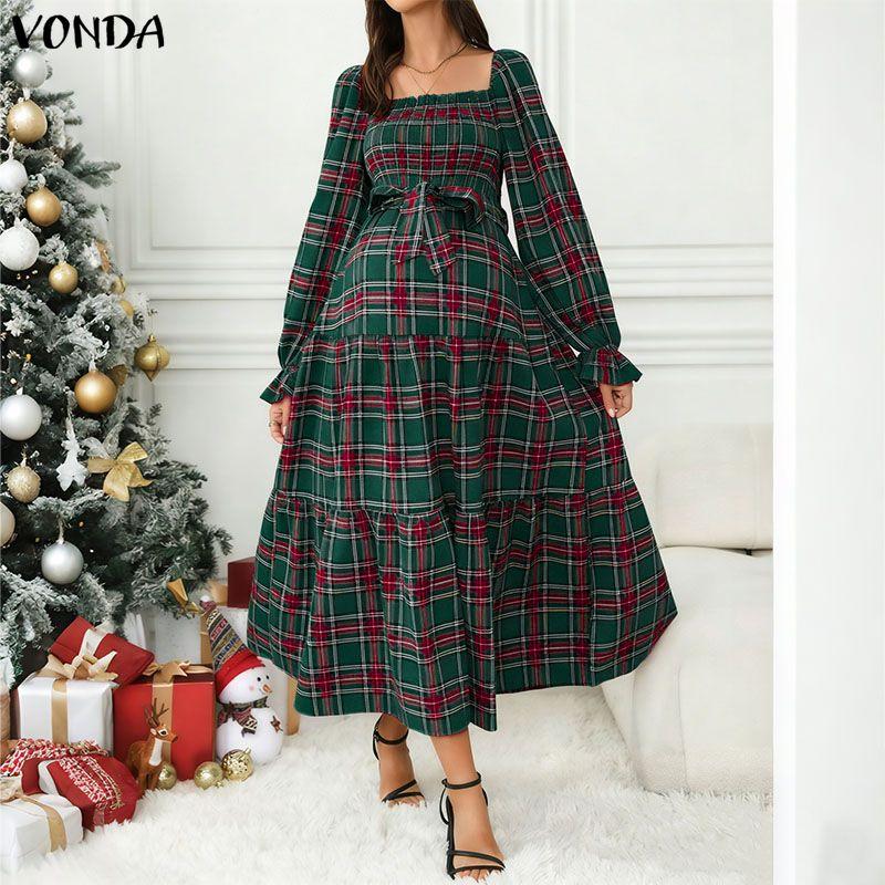 VONDA Rochie Midi Eleganta Retro pentru Femei cu Guler Pătrat, Mâneci Lungi Bufante, Curea, Imprimeu Carouri Vintage