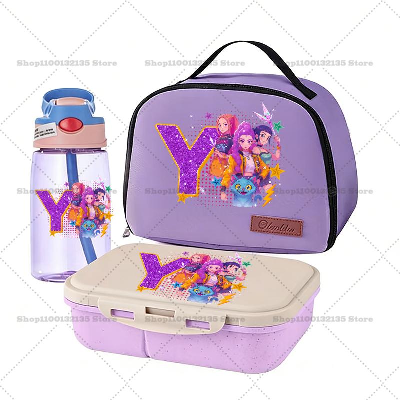 Kpop Dämonenjäger Bento-Box+Lunchtasche+Wasserflasche 3er-Set RUMI ZOEY Cartoon Schüler Schulsachen Lebensmittelbehälter Trinkgeschirr