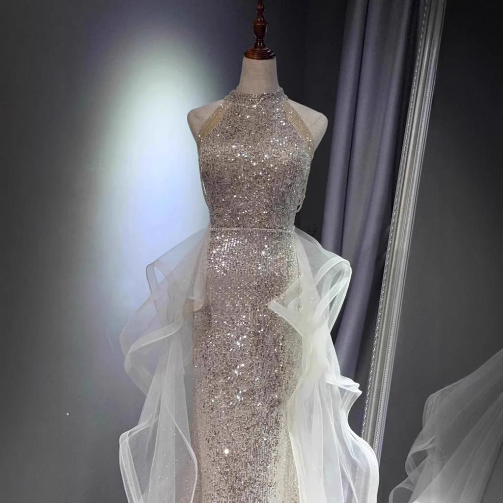 Silver and white bar mitzvah evening dress new light luxury niche birthday engagement party sequined fishtail dress