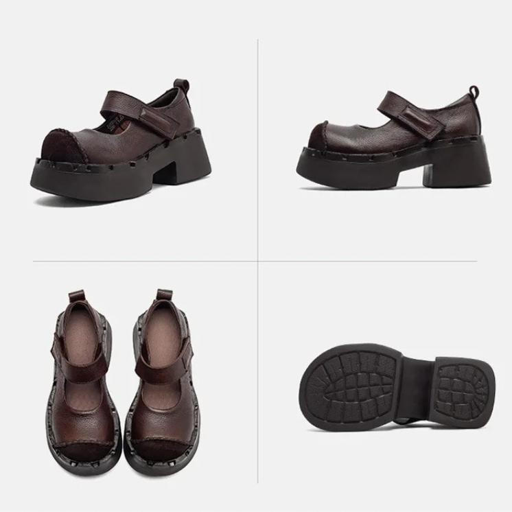 Johnature Genuine Leather Thick Soled High Heels Pumps Fashion Round Toe Women's Platform Shoes