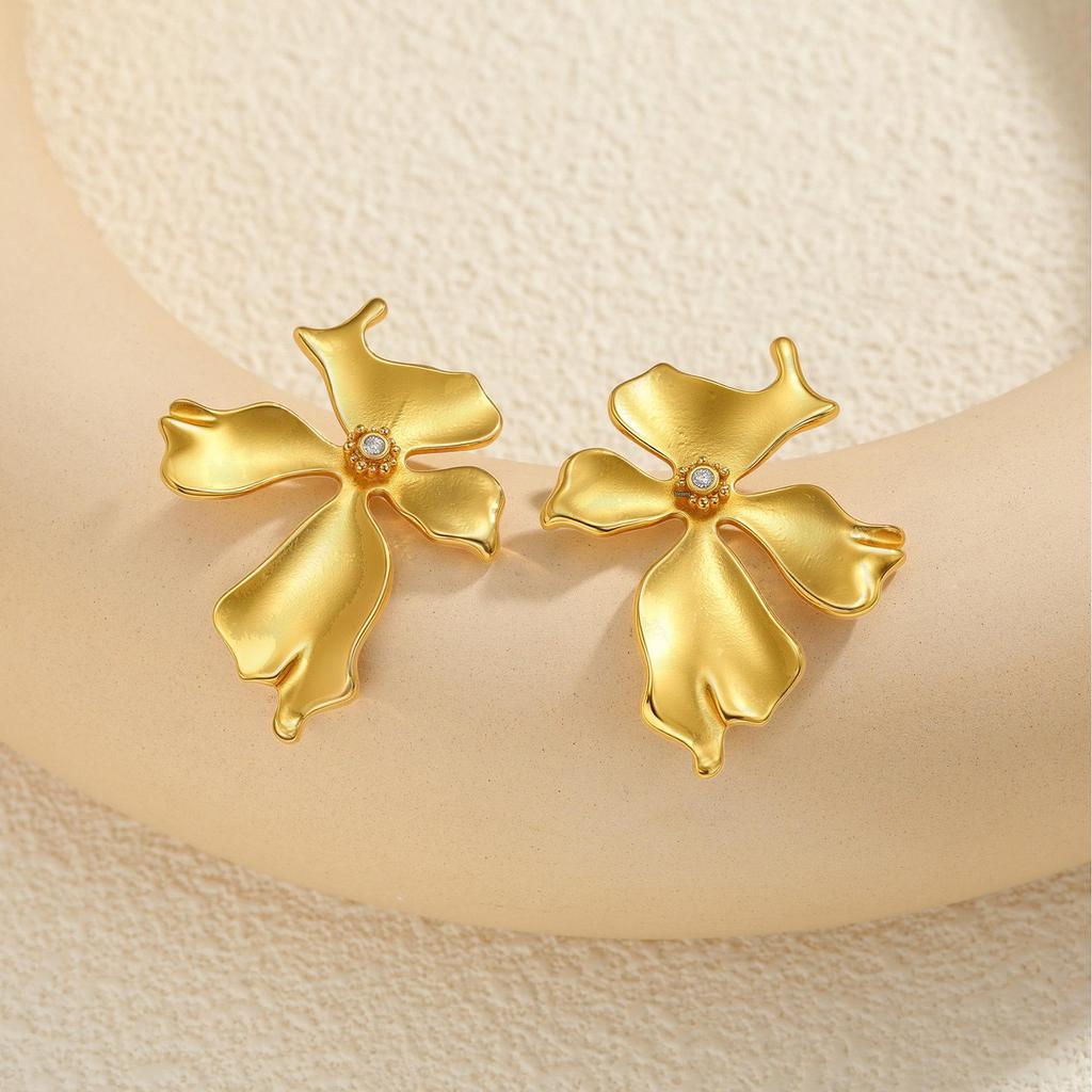 18K Gold French Stainless Steel Flower Stud Earrings - Elegant Autumn/Winter Fashion Accessories