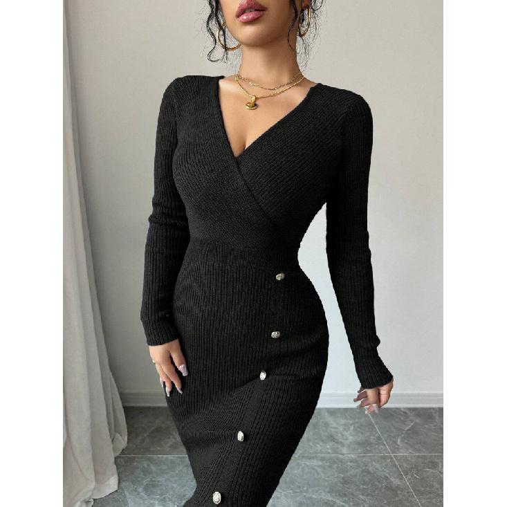 Dámský pletený zavinovací svetr s vysokým pasem, bodycon základní vrstva, spodní prádlo, středně dlouhý, s výstřihem do V, dlouhý rukáv, polyester, podzim zima