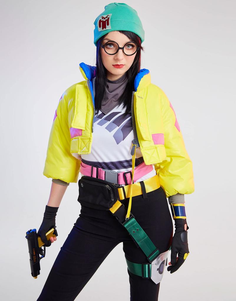 [Miccostumes] Women's Adult Girl Anime Game Cosplay Costume Costume Set Cute Cool Moe Yellow Cotton Padded Green Hat Shirt Black Jeans Fancy Dress