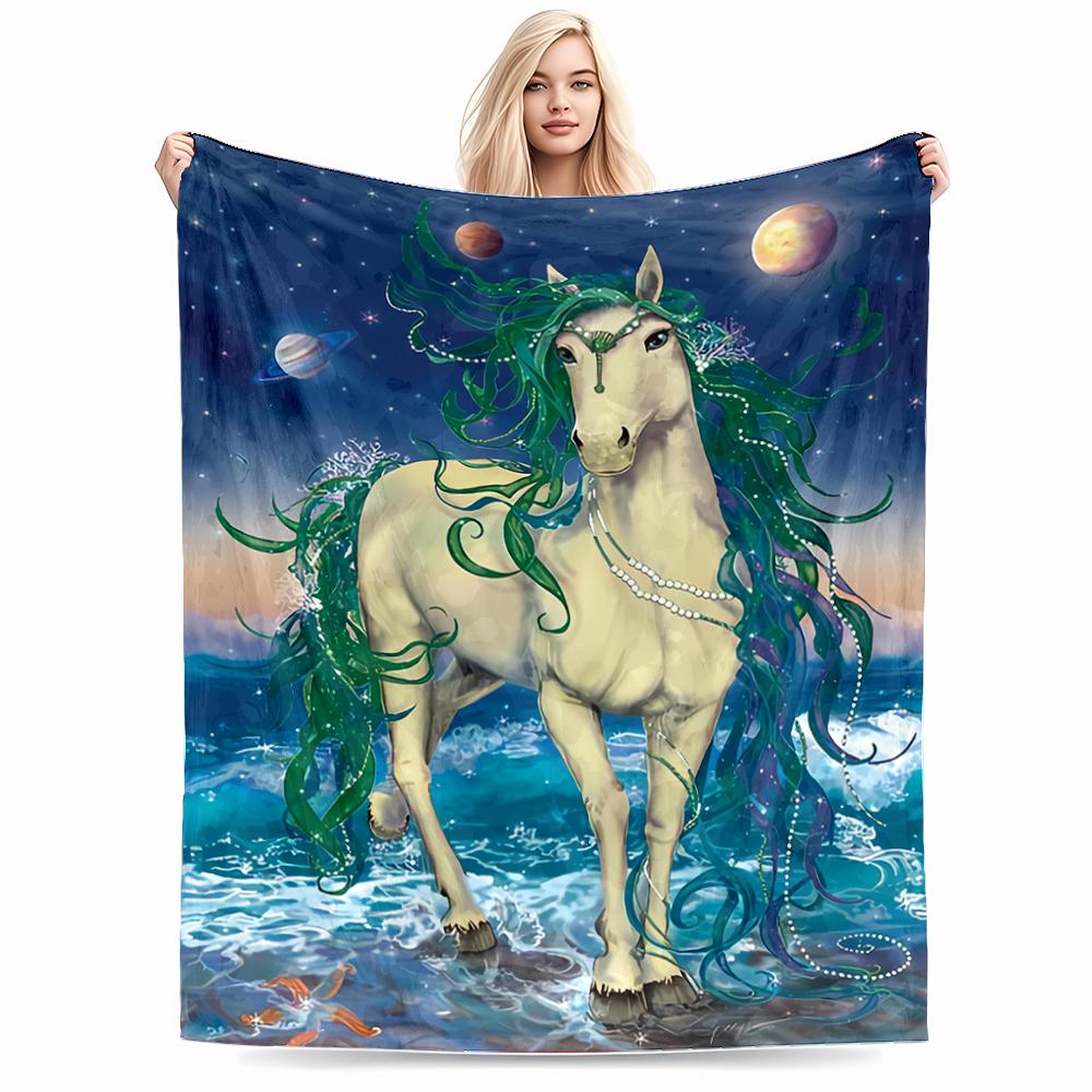 Fantasy Horse blanket with Ocean and Planet Background, Elegant Design blanket, suitable for use in the bedroom, living room, on the sofa
