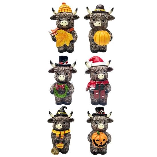 2 Pcs Highland Cow Figurine Autumn Pumpkin Maple Highland Cow Statue Resin Scottish