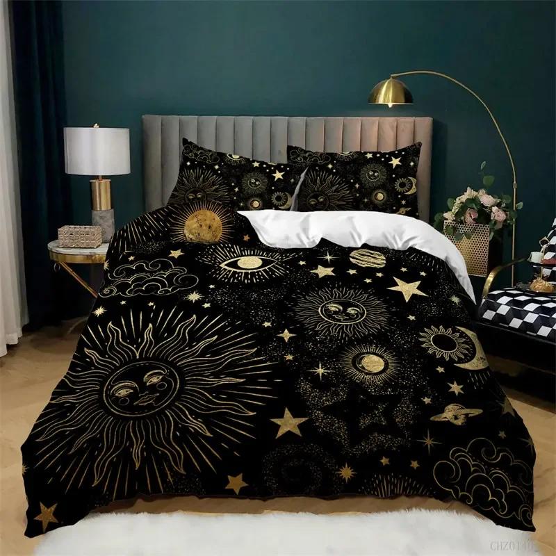 Sun and Moon King Duvet Cover Bohemian Style Celestial Bedding Set Microfiber Galaxy Stars Comforter Cover For Kids Girls Teens