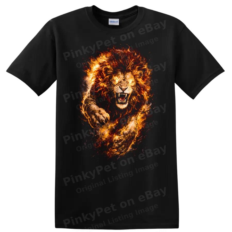 Fierce Lion Fire Graphic T Shirt Wild Animal Artwork Rage Tee