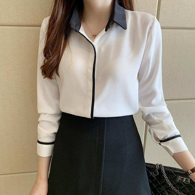 Dámská formální košile s dlouhým rukávem z bílého šifonu - Stylová jarní/podzimní halenka