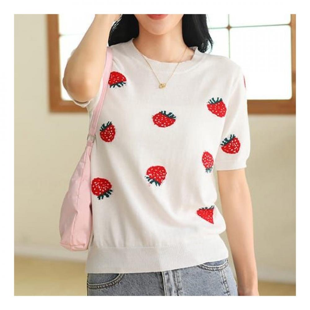 Navava Nk2015 Strawberry Round Neck Short Sleeve Knit Tee