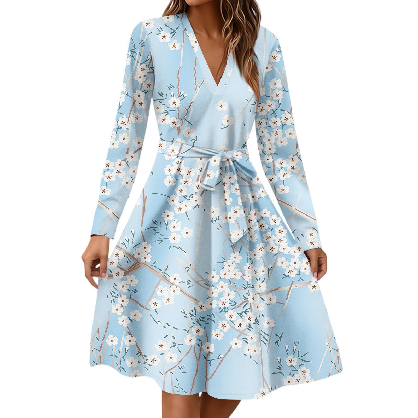 

Жіноча мода Повсякденна сукня міді з V-подібним вирізом, довгим рукавом, талією та квітковим принтом L