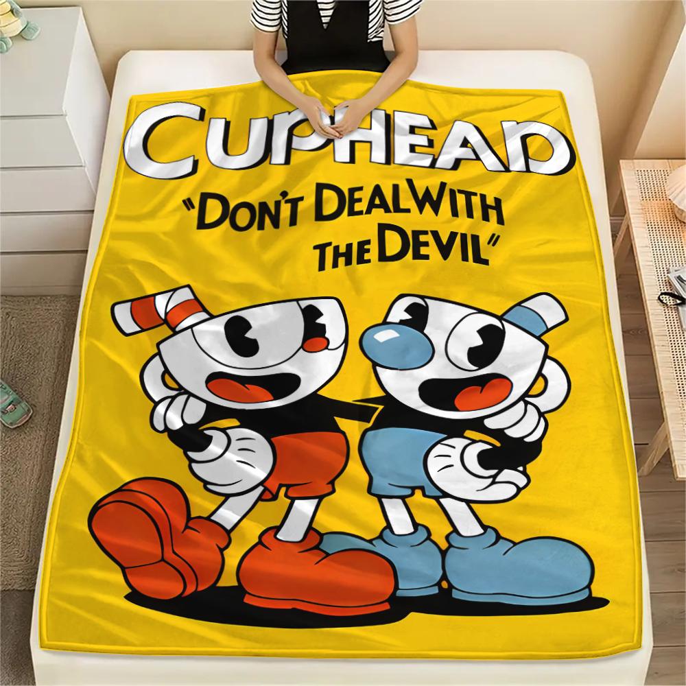 1Pc Cuphead Print Flannel Blanket, High Quality Comfortable for All Seasons, Home Decor, Warmth and Comfort, Perfect for Christmas Gifts