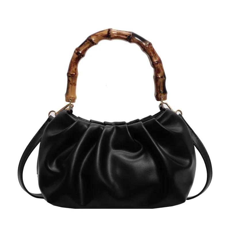 Solid PU Pleated Hand Bags for Women Bamboo Handle with Zipper Buckle Fashion