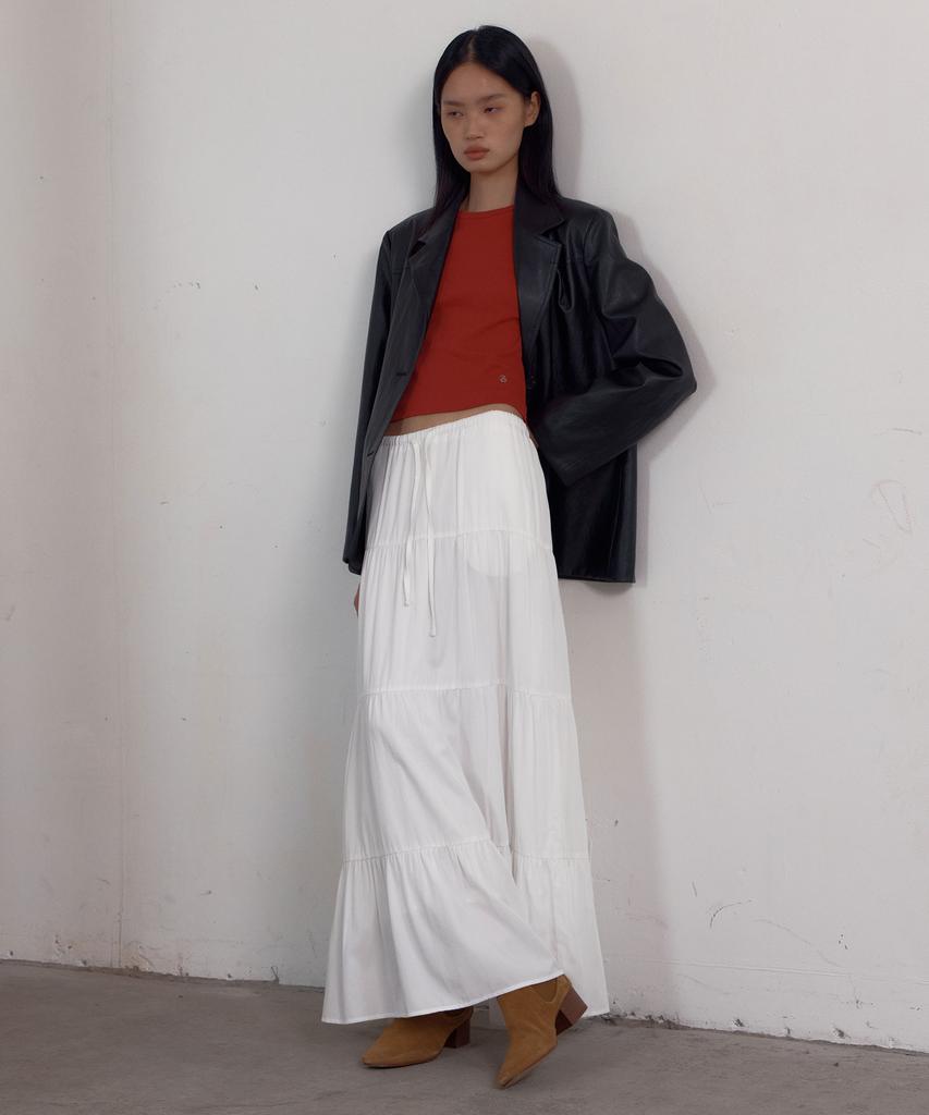 38 Come On Common Shirring Tiered Banding Skirts (White) - Long Length