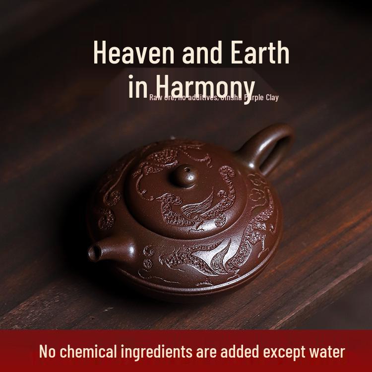 Yixing Handmade Purple Clay Teapot - Gold Sand Heaven & Earth Harmony Tea Set with Tester
