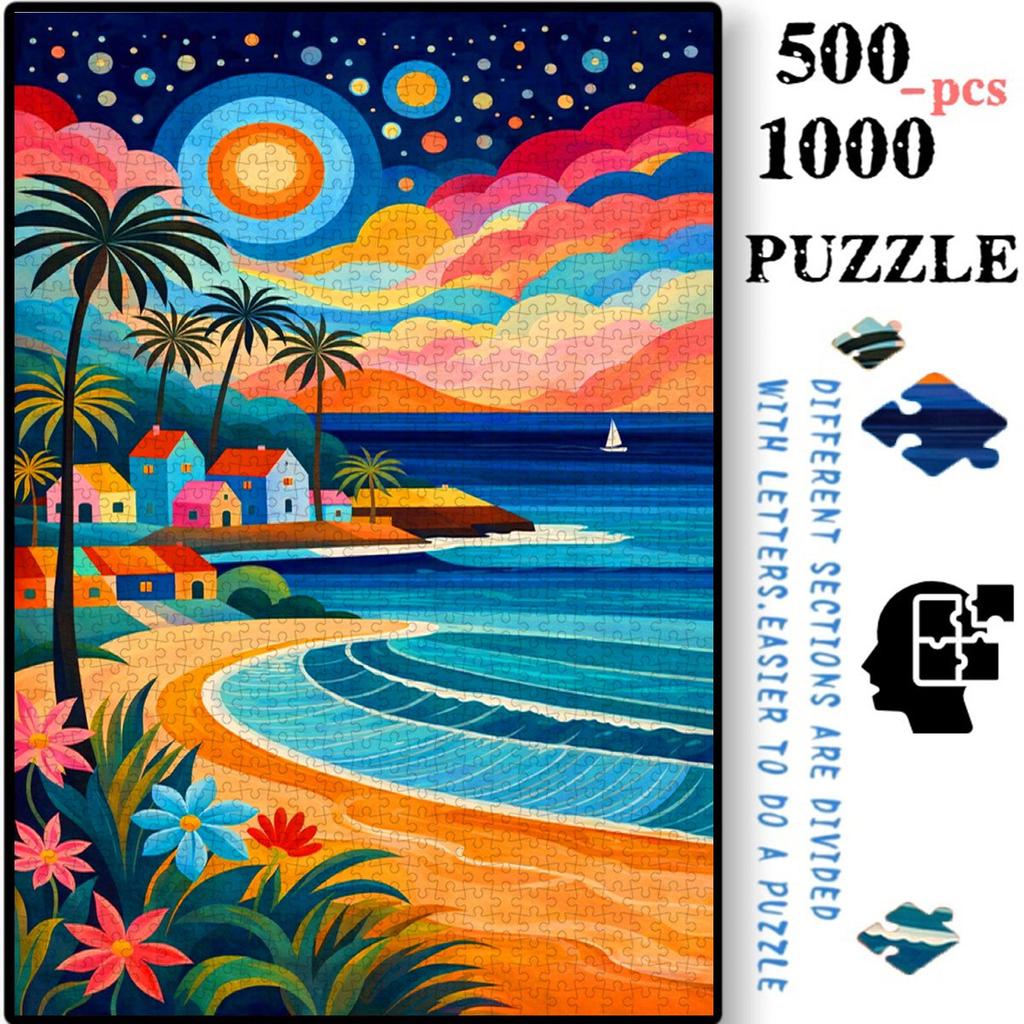 500pcs/1000pcs Handmade Jigsaw Puzzle, Paper Puzzle, DIY Puzzle, White Cardboard Material, Featuring a Dreamy Seaside Night Scene with Colorful Houses