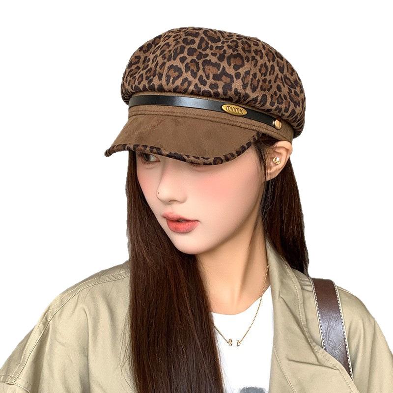 Retro Leopard Print Beret Women's Autumn and Winter Suede Duck Tongue Octagonal Hat Showing Face Little Hot Girl Niche Newsboy Hat