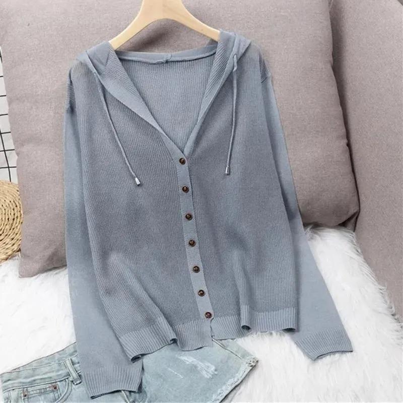 Summer Short Knitted Cardigan Coat Women's Hooded Ladies Solid Color Button Sun Protection Thin Outdoor Outwear