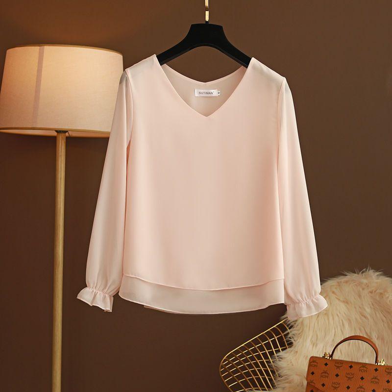 Summer New Fashion Elegance Simple Korean Round Neck Long Sleeved T-shirt Women's Solid V-neck Patchwork Loose Thin Chiffon Top