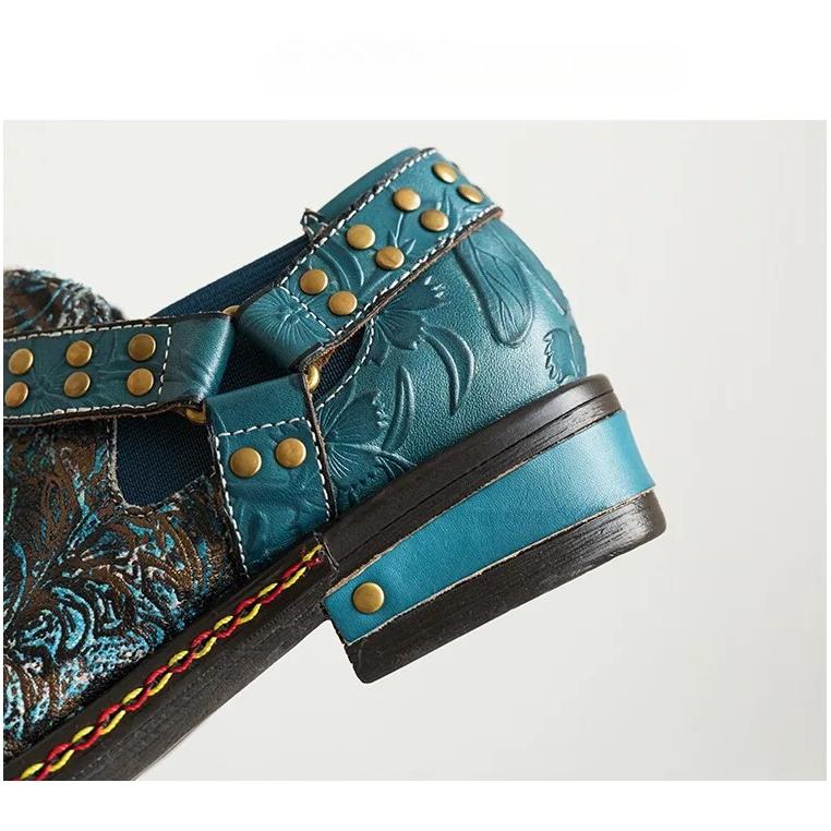 Johnature Four Seasons Pumps Retro Printed Ethnic Style Genuine Leather Comfortable Women's Low Heel Shoes