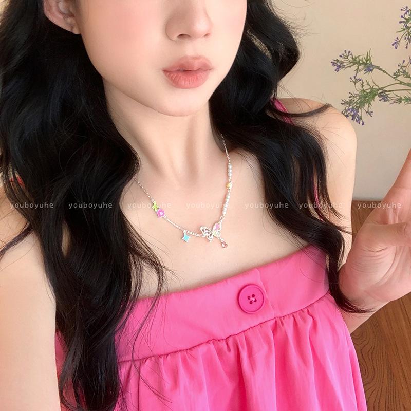 Dopamine splicing zircon hollow butterfly pearl necklace women s design high sense collarbone chain neck chain accessories