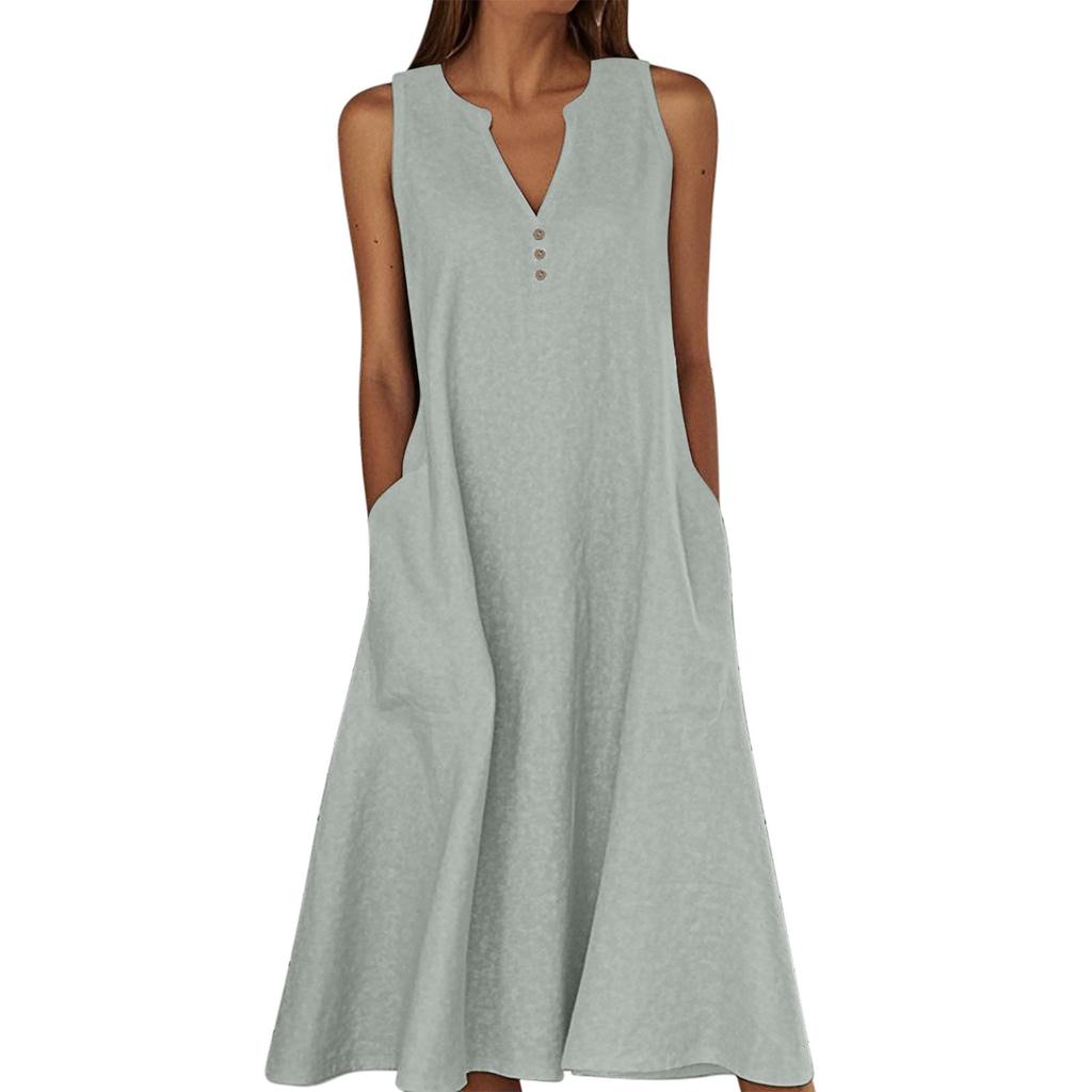Women's Sleeveless V-Neck Button Front A-Line Dress with Side Pockets in Multiple Colors