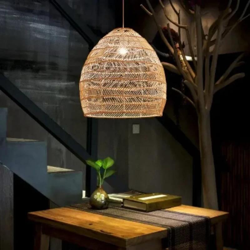 Natural Rattan Wicker Pendant Light Fictures Chinese Style Round Hanging Lamp Apply for Living Room Kitchen Decorative Lighting