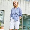 Pin Black Linen Stripe Blouse Blue