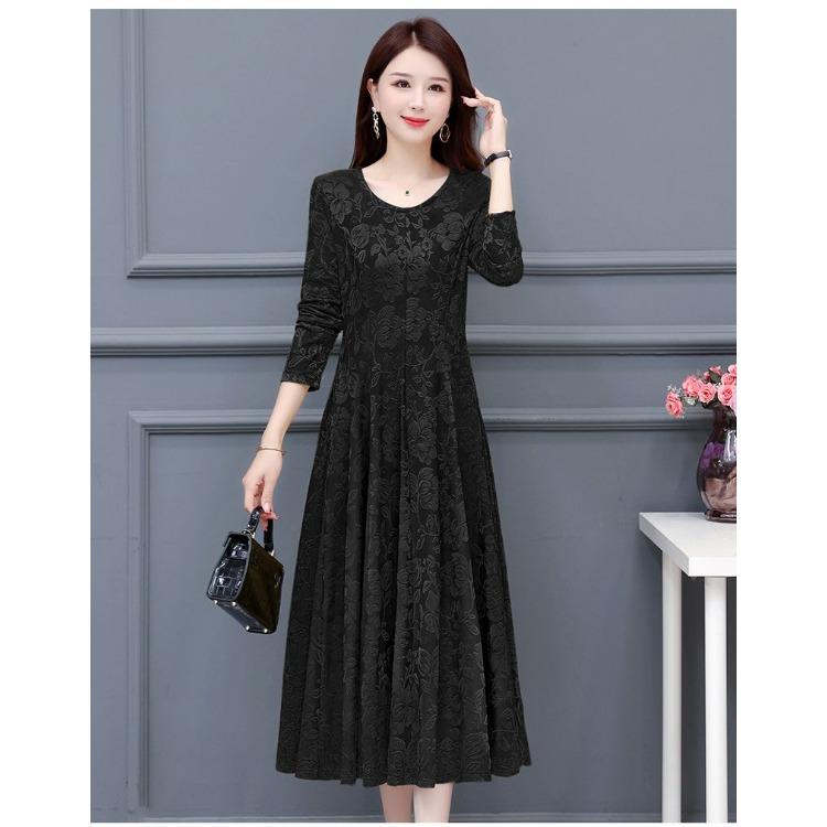 Abito Maxi Lussuoso Jacquard Floreale Girocollo Maniche Lunghe per Madri Elegante Abito da Ballo