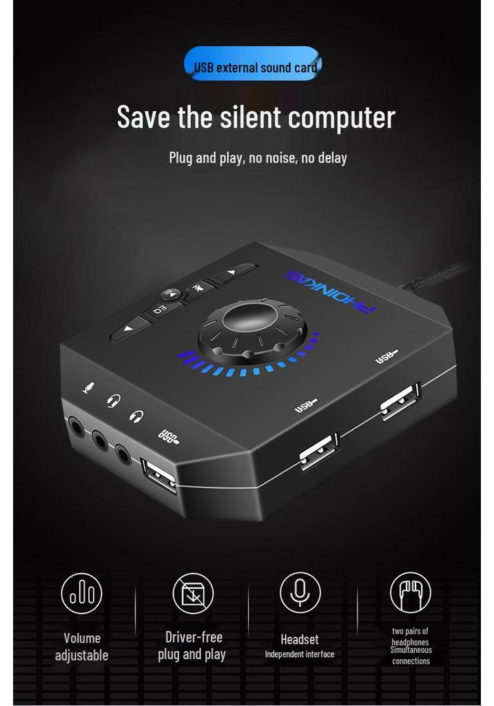 7.1 Channel USB Gaming Audio Converter for Headphones, Microphones, and Speakers
