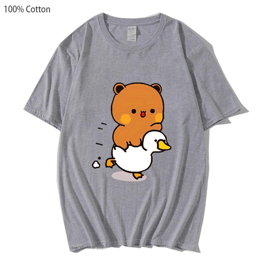 Cute Bubu and Duud Is Riding A White Duck Tshirt Panda and Brownie Bear Clothes Cotton T-Shirts for Men Women Couple