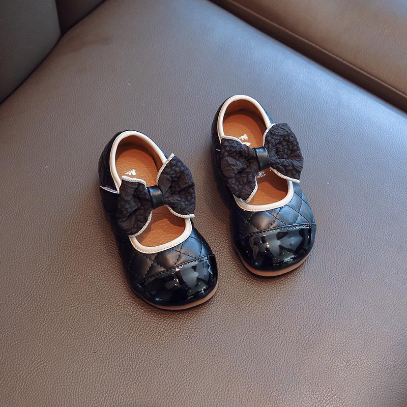 Children's Leather Shoes Spring Autumn Patchwork Girl Princess Shoes with Bowtie Fashion Kids Causal Non-slip Flats Soft Bottom