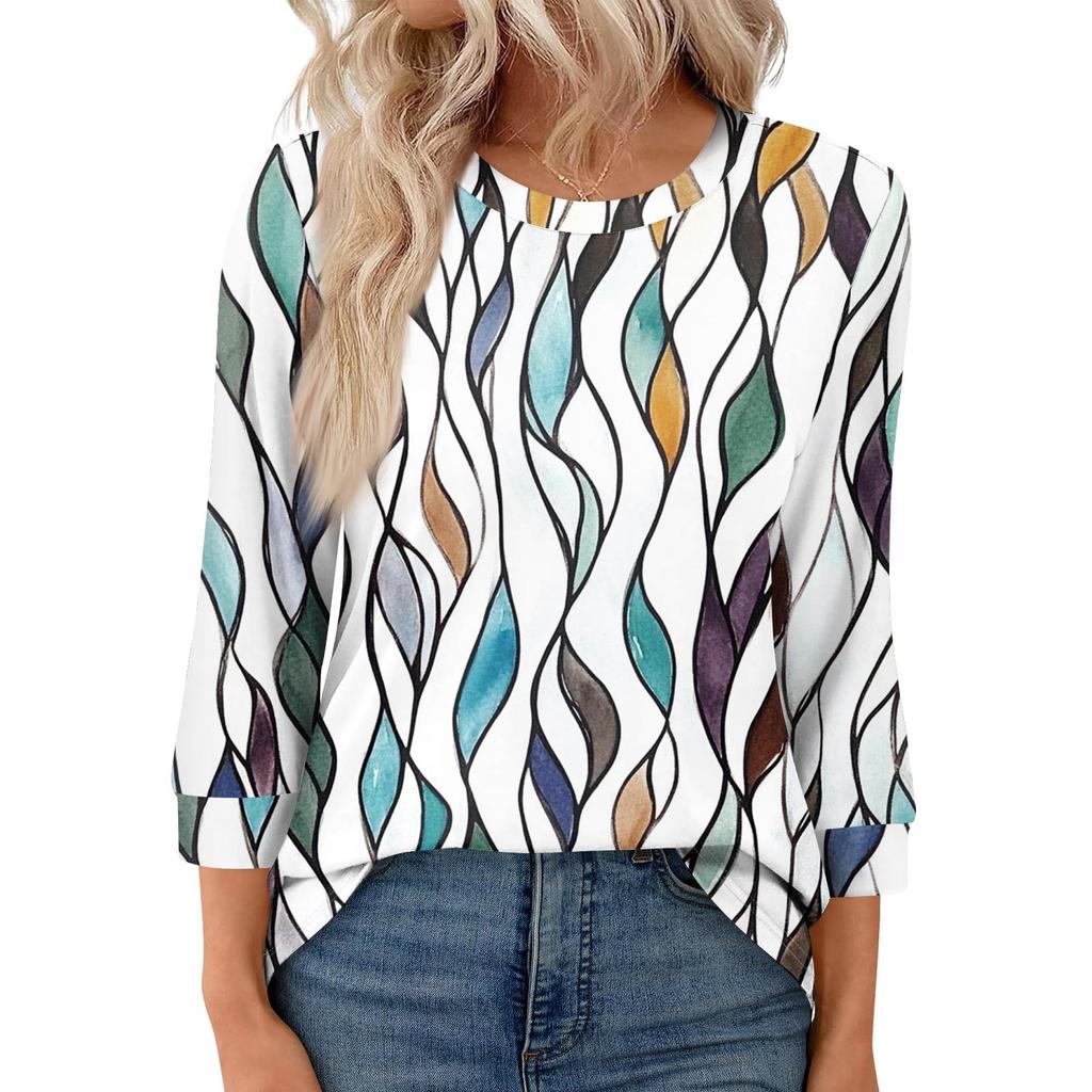 Women's Fashion Casual Round Neck 3/4 Sleeve Loose  Printed T-Shirt Ladies Top