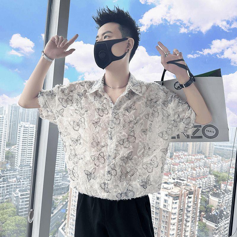 

Мужская рубашка с принтом бабочек, с рукавом до локтя, драпировкой, из ледяного шелка, модный брендовый топ 4XL белый