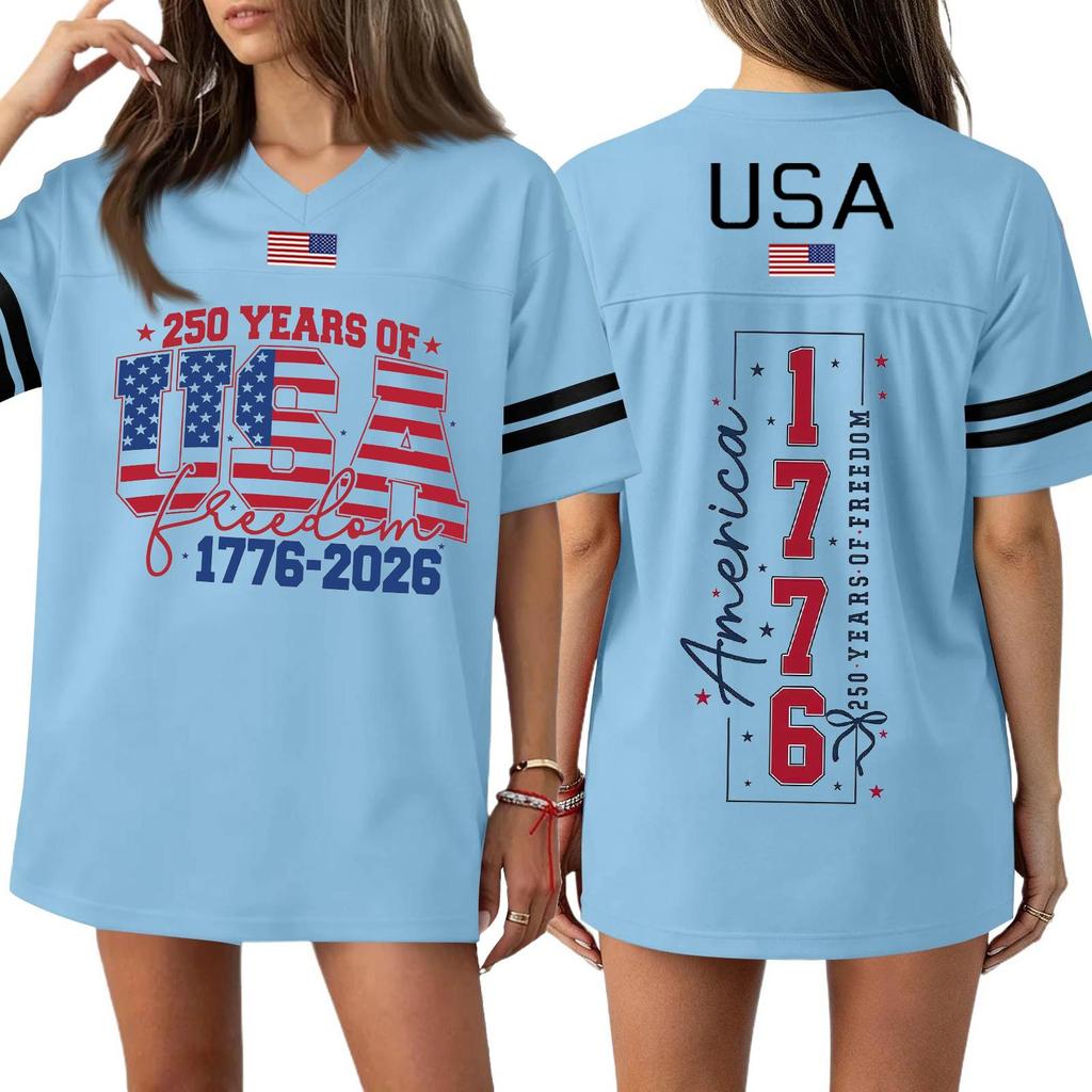 T-shirt Sport Haut Casual Mode Femme Col en V Impression Jour de l'Indépendance Manches Courtes