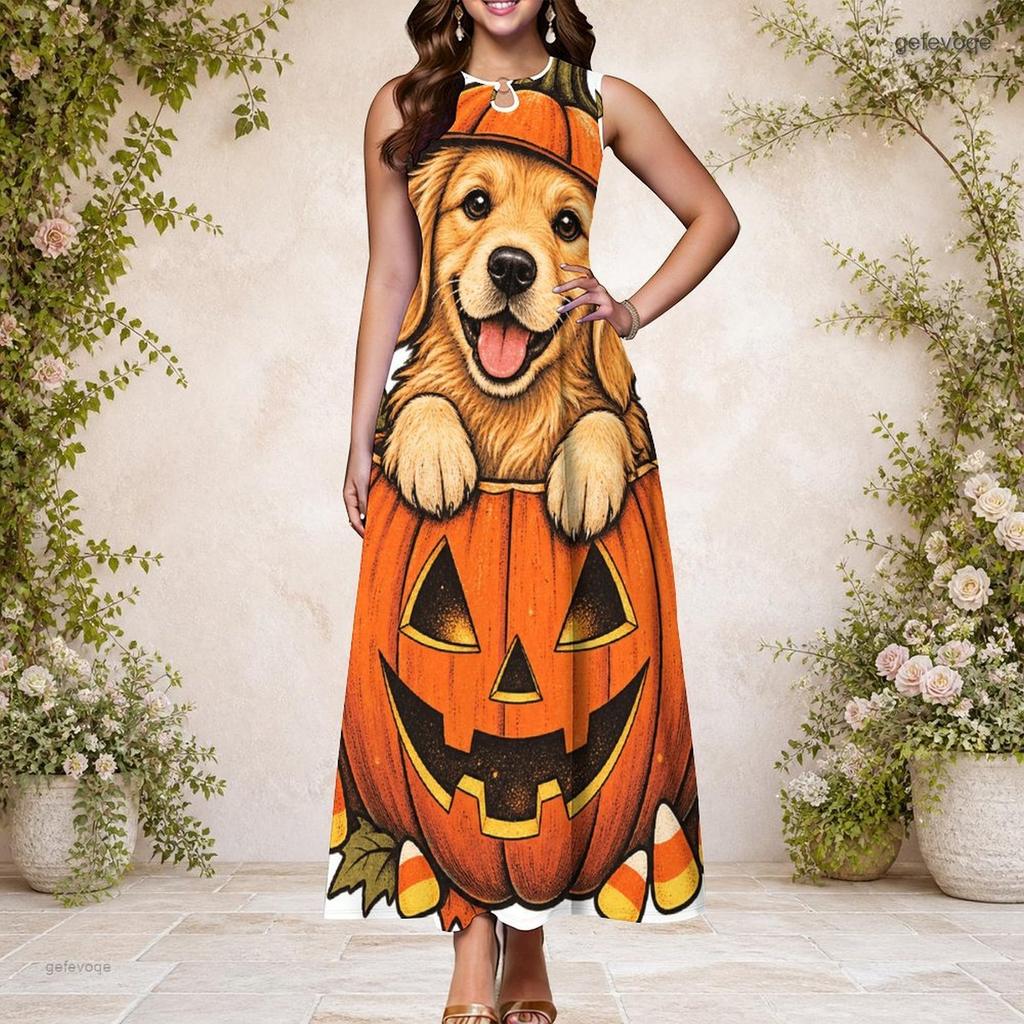 Women Plus Size Sleeveless Keyhole Neck A Line Long Dress Halloween Raccoon Pumpkin Print