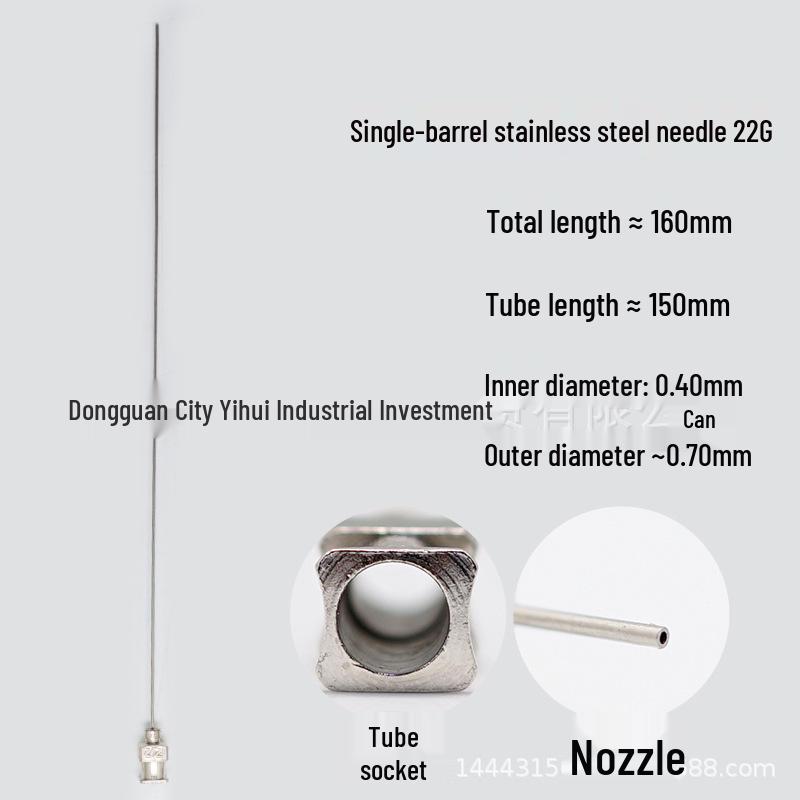 Stainless Steel Dispensing Syringe: 160mm Total Length, 150mm Tube, Pointed Tip, Flat Opening