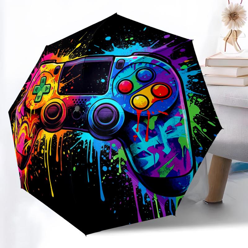 1pc Sturdy 8-Bone Auto Umbrella, Pop Art Style Game Controller Umbrella, Digital Printed, Foldable Umbrella for On-the-Go Outdoor Use