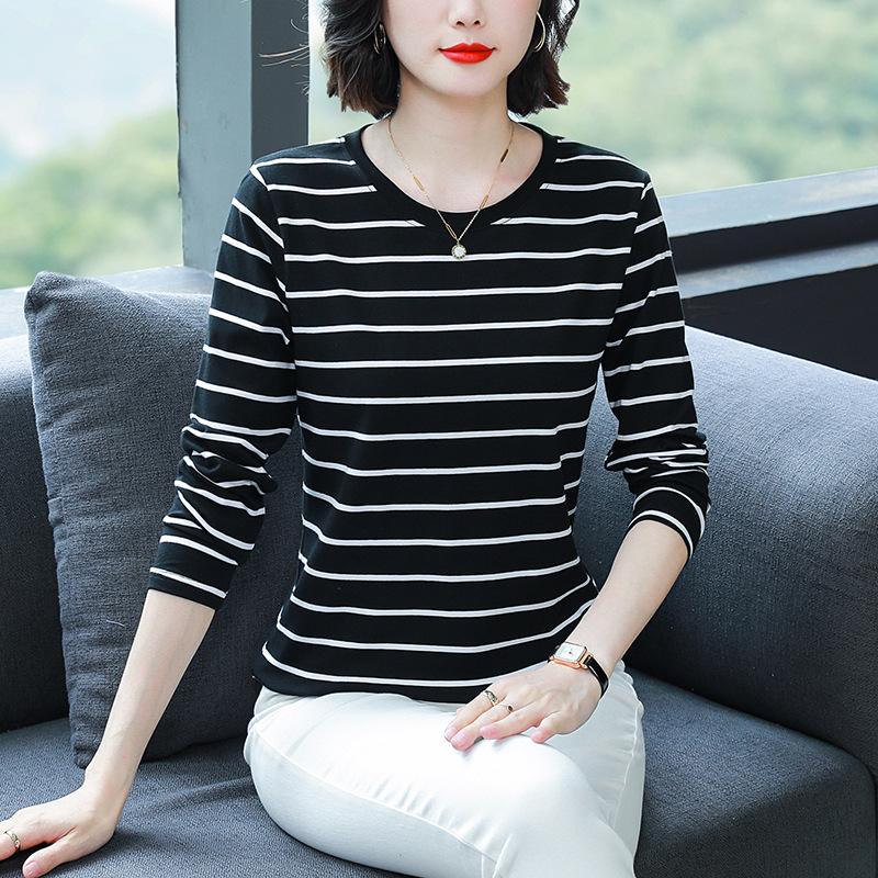 Women Plus Size Striped Long Sleeve T-Shirt O-Neck Cotton Loose Casual Fall Basic Base Top M-5XL