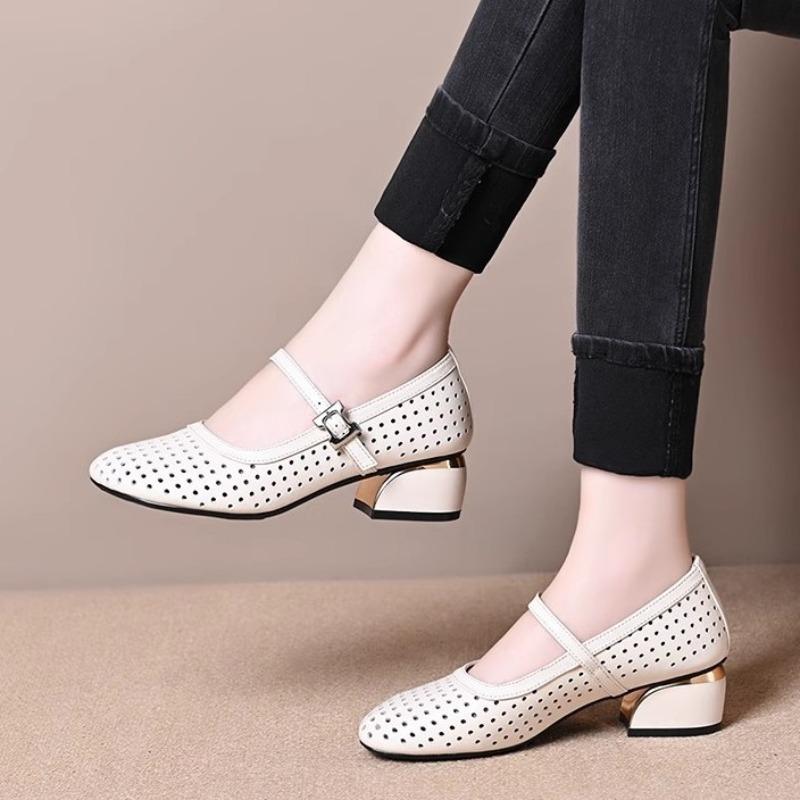 Printemps bouche peu profonde creux Mary Jane boucle ceinture un mot polyvalent confortable talon épais rétro chaussures simples semelle souple chaussures à trous