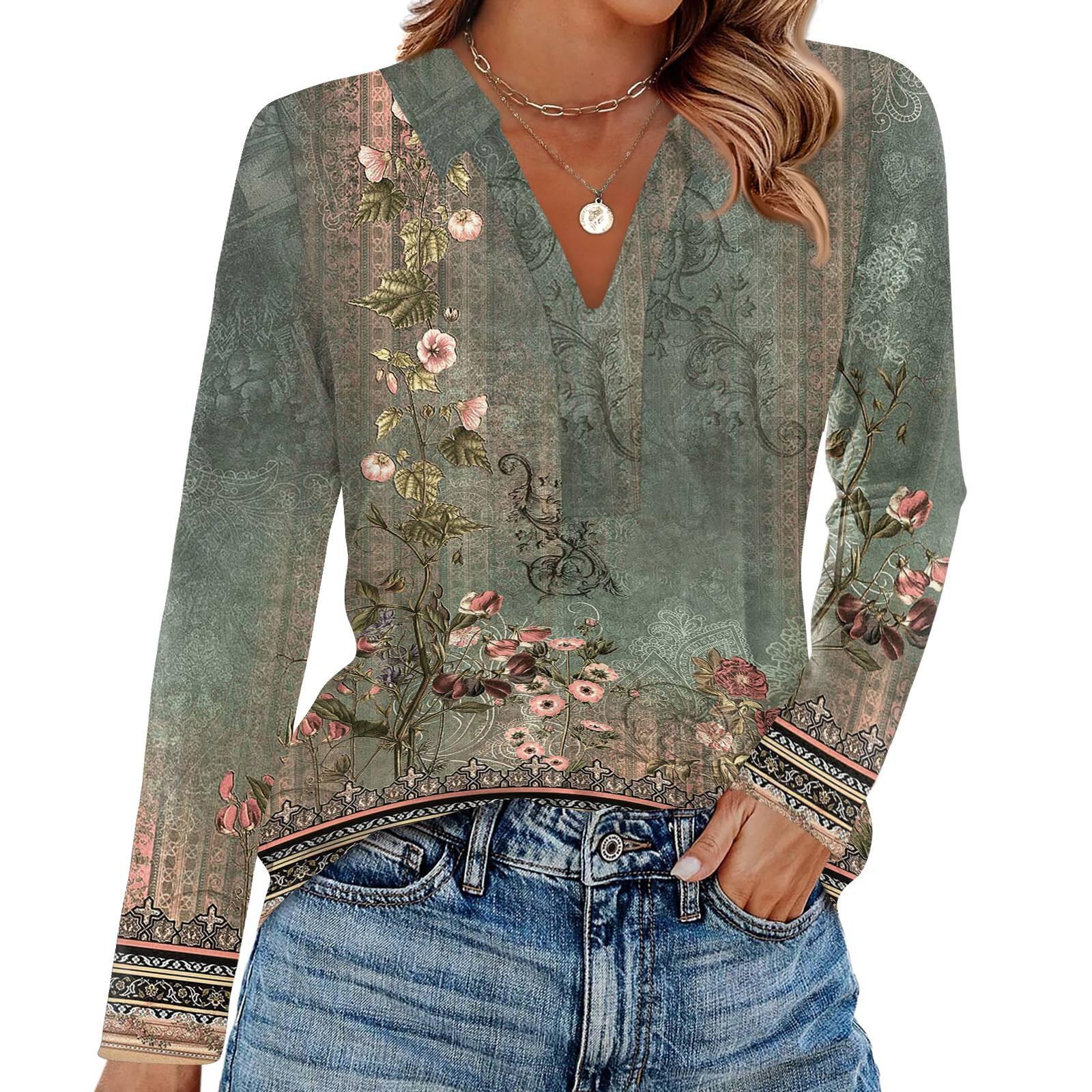 

Women s Fashion Casual Lapel Short Long Sleeve Print Shirt Women s V-Neck Tops L армія зелений колір