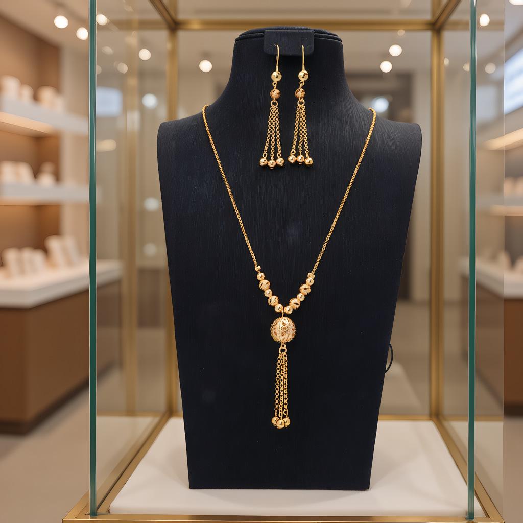 Gold-Plated Tassel Necklace & Earring Set: Middle Eastern Wedding Jewelry for Women