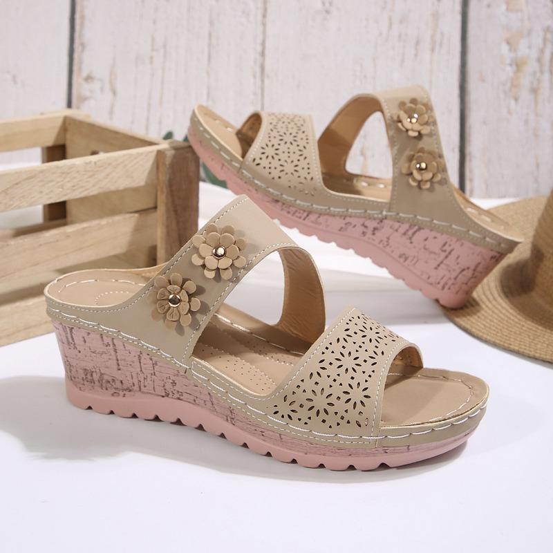 New women's sandals platform-soled wedges flower hollowed-out large-size sandals one-character cool slippers