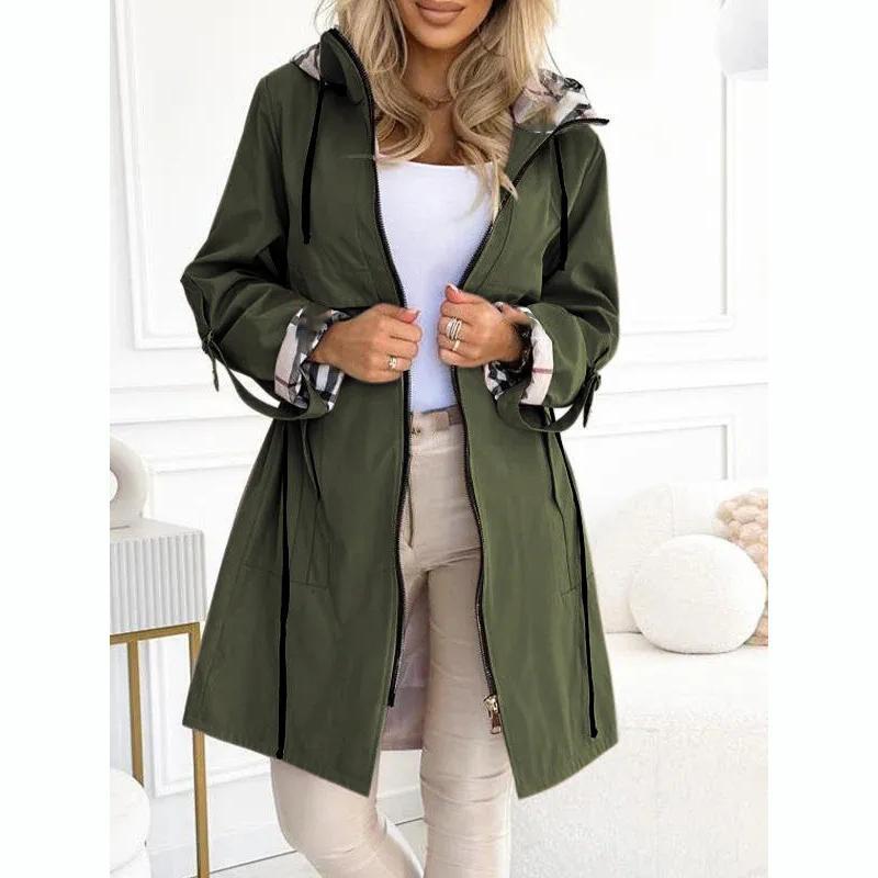 Fashion Trench Coat Woman Autumn Winter Solid Color Versatile Casual Street Style Cardigan Long-sleeved Hooded Plaid Outerwears