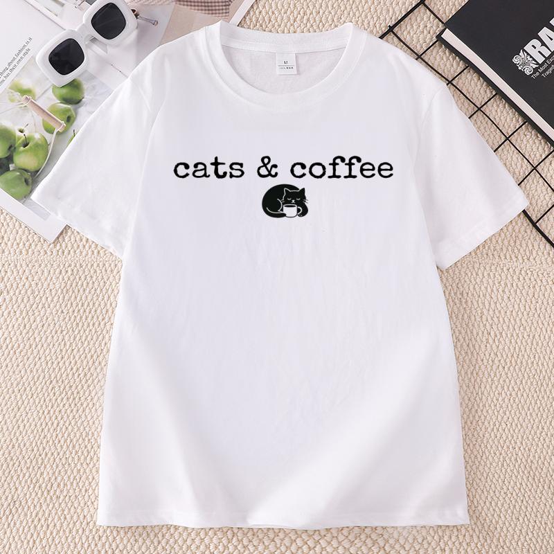 Cats and Coffee Lover Tee Unisex Funny Black Cat Tshirt Casual Round Neck Printed Graphic Tee Summer Cotton Shortsleeve Tee
