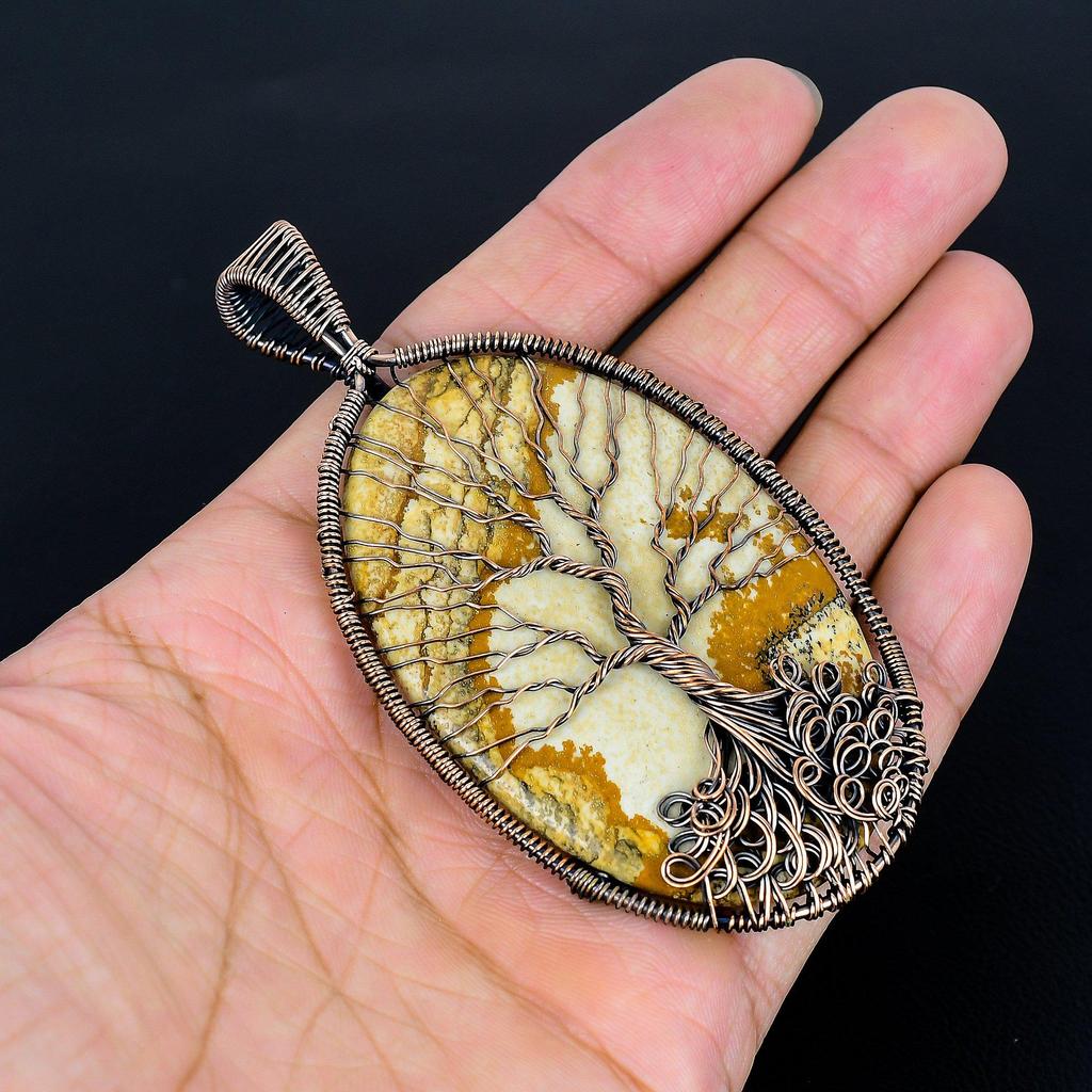 Picture jasper Pendant, Handmade Gemstone 999 Copper Wire Wrap Tree Of Life Pendant Antique Jewelry, For Gift Copper Jewelry